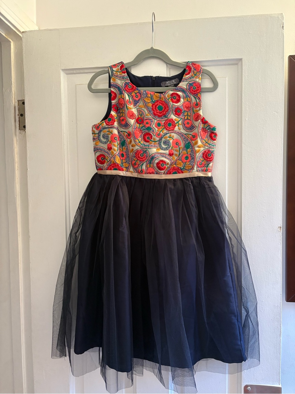 Girls Floral Embroidered Bodice Navy Tulle Party Dress